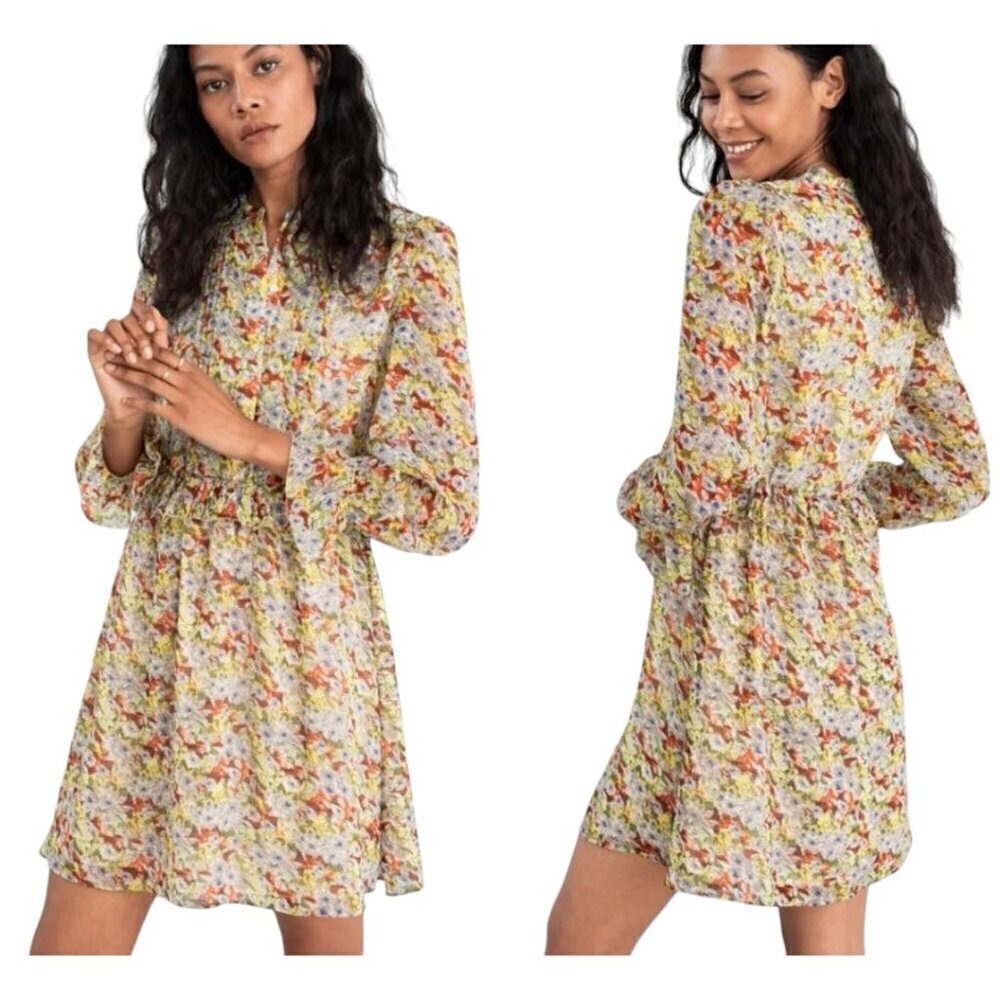 & Other Stories Chiffon Yellow Floral Pintuck Ruffle Dress